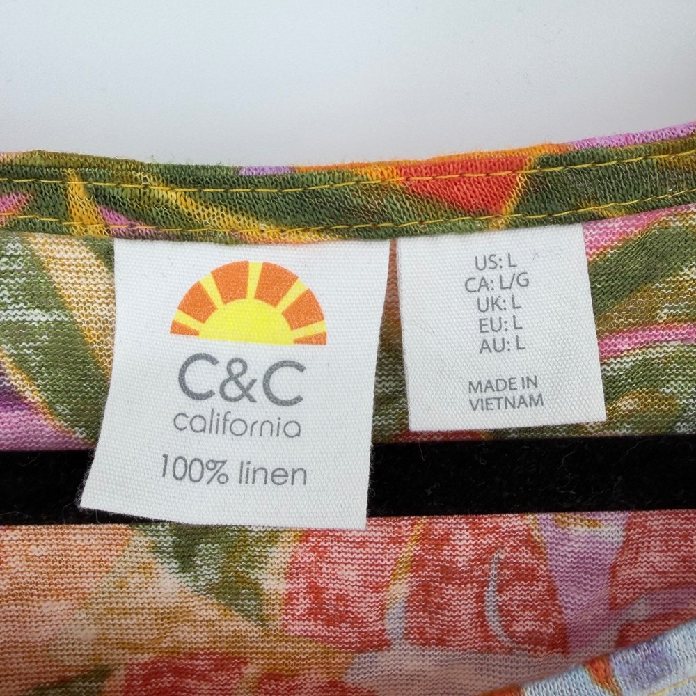 C&C California Linen T-Shirt Womens Large Orange Pink Vibrant Tropical Boho NWOT - Picture 2 of 5
